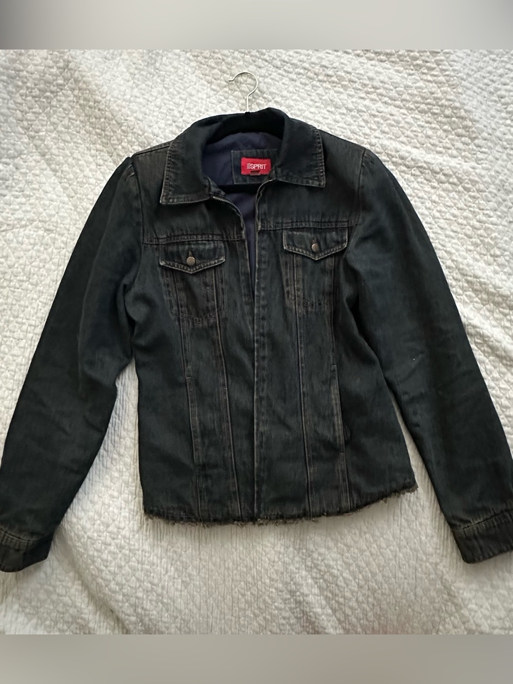 Vintage Y2K Esprit Women's Blue Denim Jacket with Frayed Hem